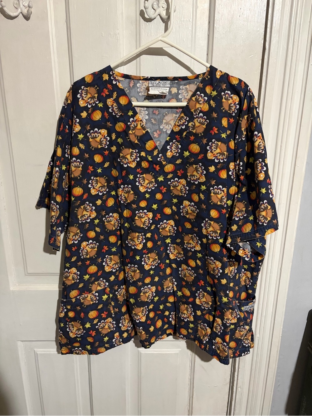 2XL Navy Turkey Print Scrub Top